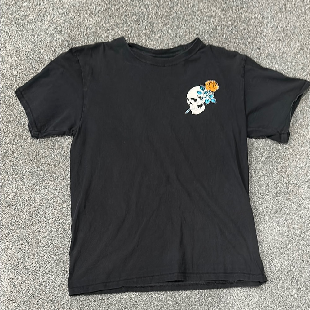 Black T-Shirt with Skull and Flower Design